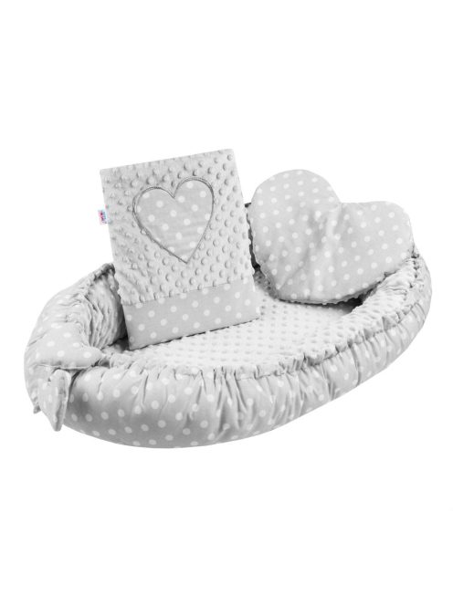 Luxus babafészek párnával és paplannal New Baby Minkyből Szívecske szürke