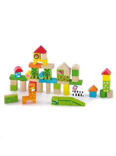 Fa építőjáték vödörben Viga Állatkert 50 db