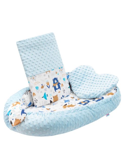 Luxus babafészek párnával és paplannal New Baby Minkyből kék