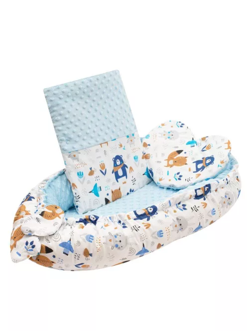 Luxus babafészek párnával és paplannal New Baby Minkyből kék