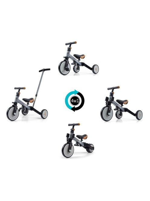 Gyerek háromkerekű bicikli 4az1-ben Milly Mally Optimus Plus tolókarral grey