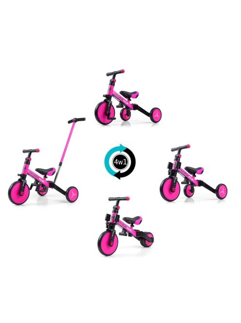 Gyerek háromkerekű bicikli 4az1-ben Milly Mally Optimus Plus tolókarral pink