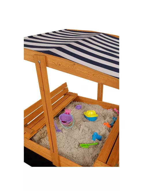Zárható fa homokozó padokkal és tetővel gyerekeknek Baby Mix 120x120 cm kék-fehér