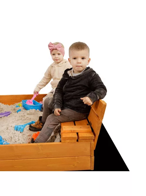 Zárható fa homokozó padokkal és tetővel gyerekeknek Baby Mix 120x120 cm szürke