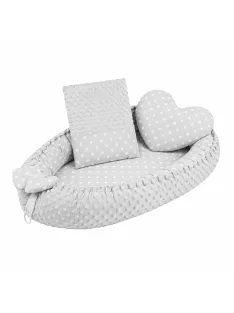   Luxus babafészek párnával és paplannal New Baby Minkyből Szívecske szürke