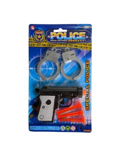   Rendõr klt., pisztoly, tap.kor. lövedék, +bilincs, 15x26 cm lapon