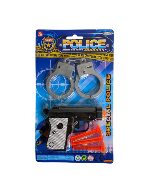 Rendõr klt., pisztoly, tap.kor. lövedék, +bilincs, 15x26 cm lapon