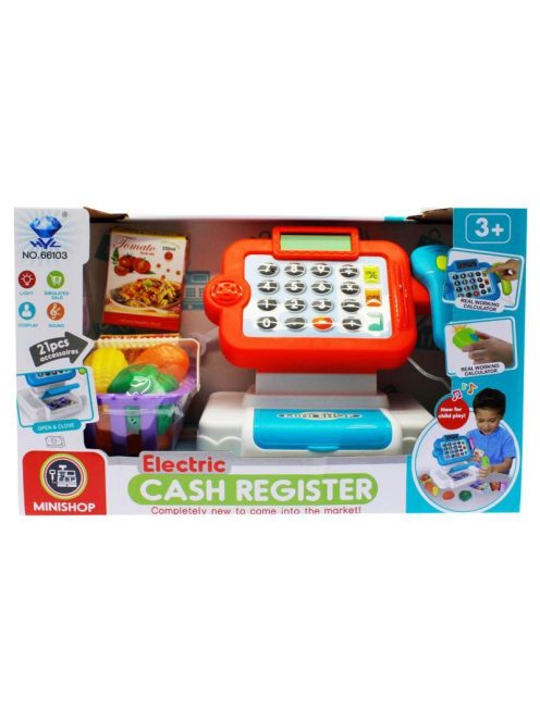 Pénztárgép klt., el., hang+fény, LCD kijelzõ, számológép, 2 szín, 33x20 cm dob.