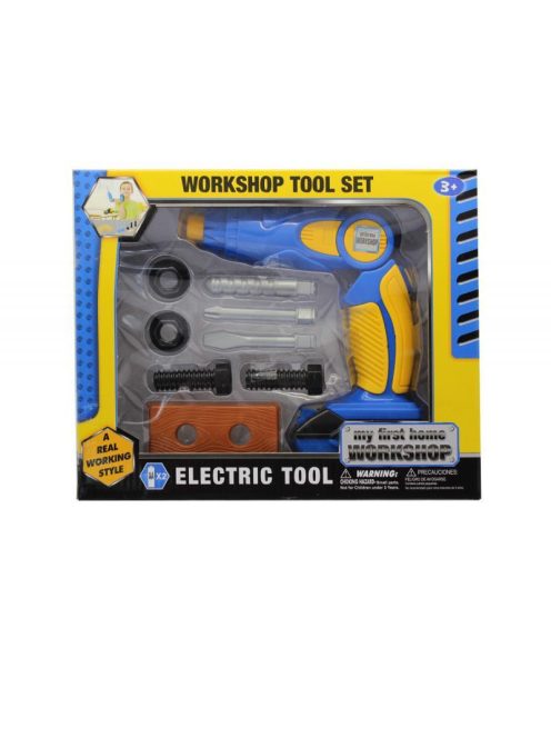 Szerszámgép klt., el., fúrógép, forog+fény, 27x22 cm dob. (2xAA)