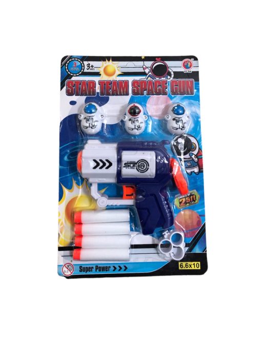 Szivacs lövedék kilövõ pisztoly klt., 4 lövedék, 3 ûrhajós fig., SZ, 17x25 cm lapon