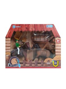 Ló, klt., 2 ló + lovas, karám, 25x20 cm dob.