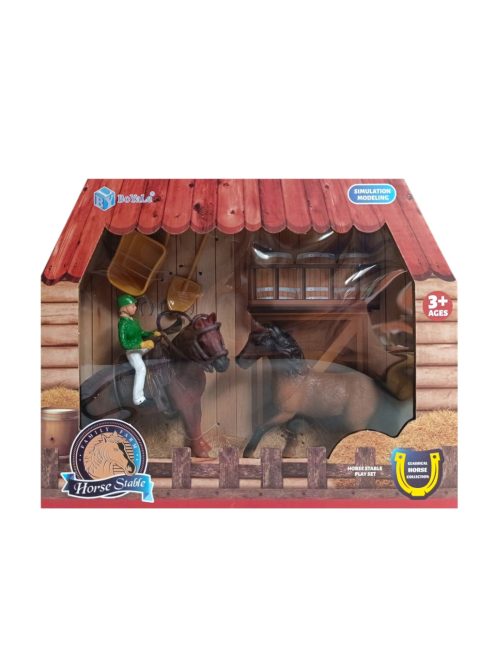 Ló, klt., 2 ló + lovas, karám, 25x20 cm dob.