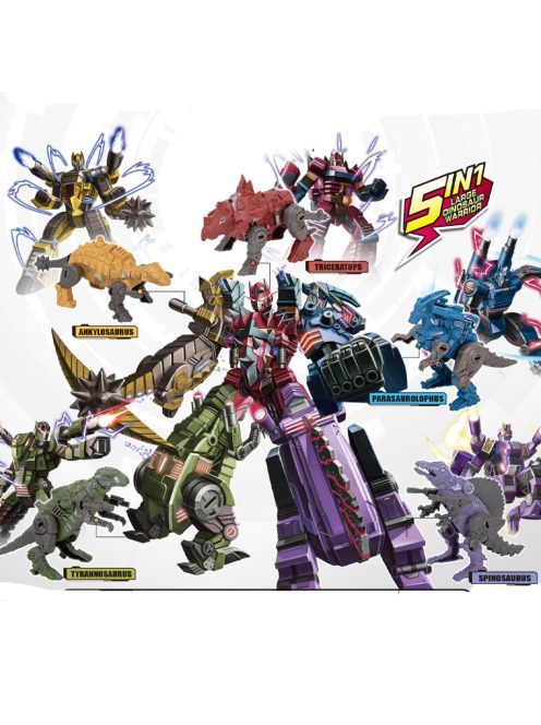 Robottá alakítható dínó, 5 féle, 15x27 cm lapon