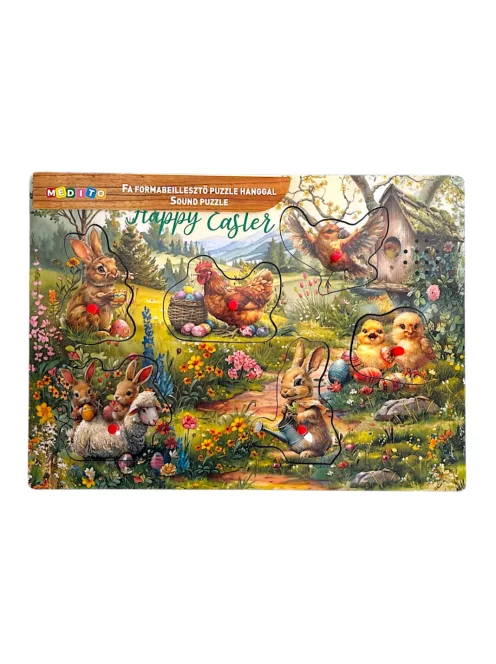 Fa ki-berakó, fogantyús, elemes, hanggal, Húsvéti, 30x21 cm pvc csom (2xAAA)
