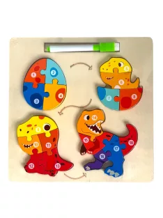   Fa puzzle klt., fejlõdés, tojásból Dínó, +hátoldala rajzolótábla, 2 az 1 ben, 23x23 cm pvc csom.