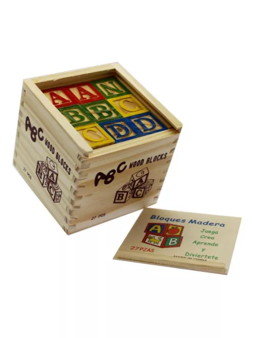 Fa ABC kocka klt., 27 db betû, angol ABC, 11x11 cm fa tartóban