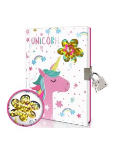 Emlékkönyv, fém lakat, unikornis minta, 13x18 cm zacsk.