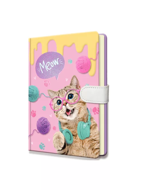Jegyzetfüzet, mágneses zár, cica minta, 14x19 cm zacsk.