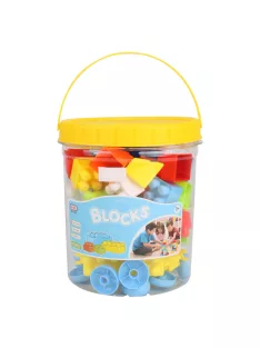 Építõkocka klt., kerékkel, 55 db, 16x19 cm pvc hengerben