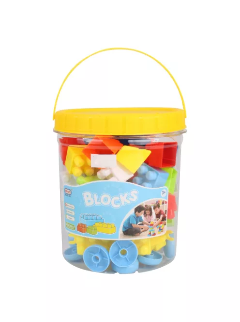 Építõkocka klt., kerékkel, 55 db, 16x19 cm pvc hengerben