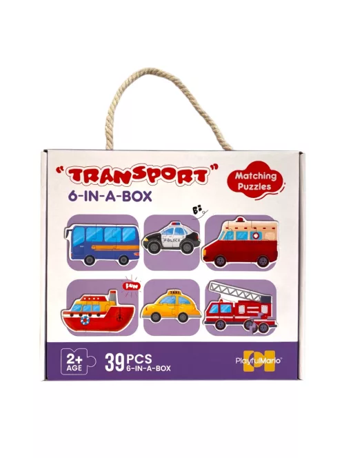 Puzzle, 6 db. jármû, autó kép, 39 db, 25x21 cm hordozó dob.