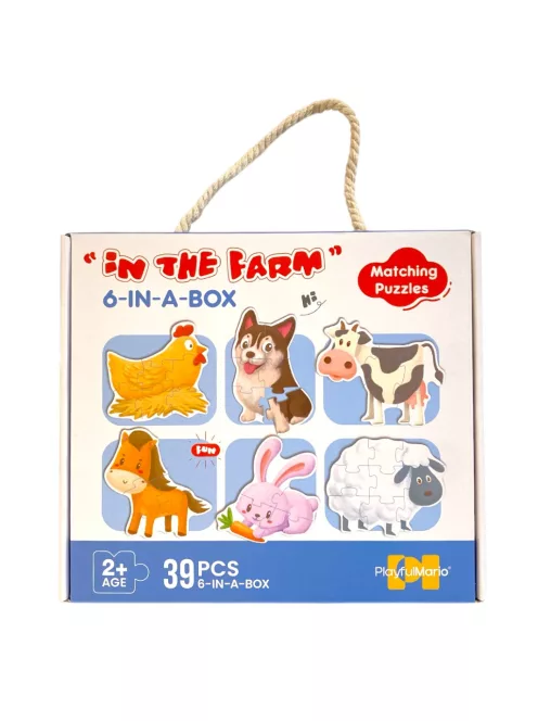 Puzzle, 6 db., háziállat kép, 39 db-os, 25x21 cm hordozó dob.