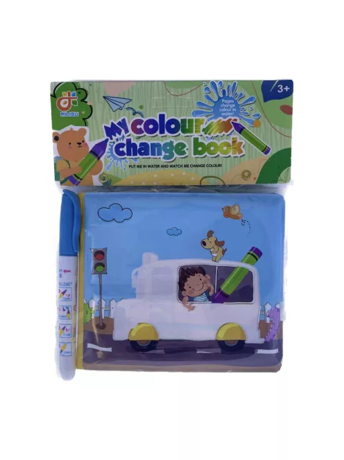 Vízzel rajzoló pvc könyv, csipog, jármûves, + toll, 17x21 cm zacsk.