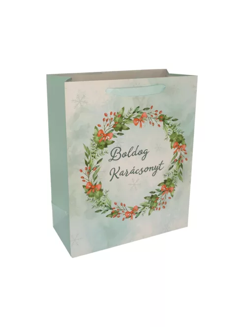 Papírtasak, Boldog Karácsonyt felirattal, glitteres, kék, 18x23x10 cm