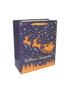   Papírtasak, Kellemes Ünnepeket, XM, kék, arany, 31x42x12 cm