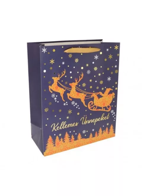 Papírtasak, Kellemes Ünnepeket, XM, kék, arany, 31x42x12 cm