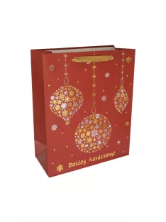   Papírtasak, Boldog karácsonyt felirattal, bordó, arany, 31x42x12 cm