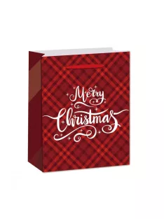   Papírtasak, négyzetrácsos, glitteres, Merry Christmas felirattal, 26x32x12 cm