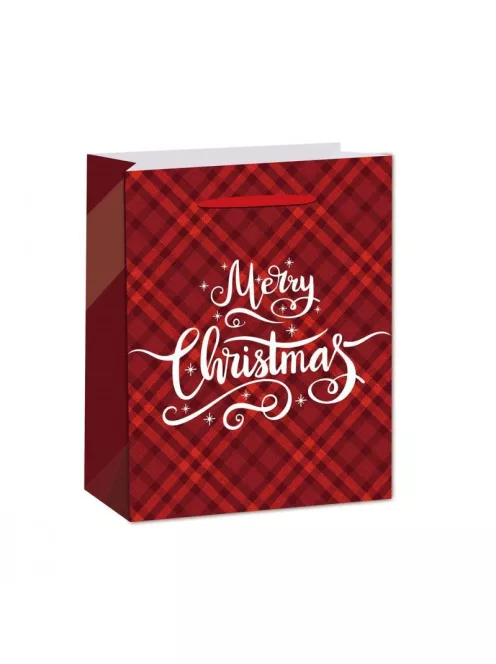 Papírtasak, négyzetrácsos, glitteres, Merry Christmas felirattal, 26x32x12 cm