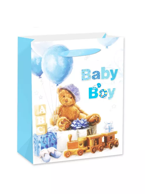 Papírtasak, matt, fényes, mackó lufikkal, kék, 26x32 cm